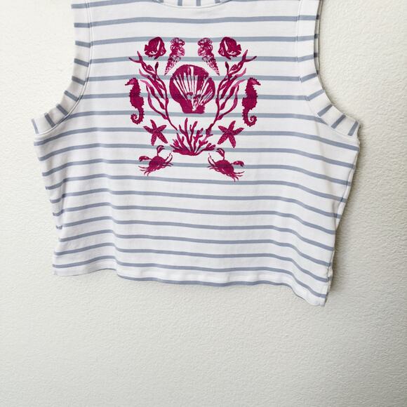 [Anthropologie] Maeve White Blue Striped Seashell Graphic Cropped Tank Top Sz XL - Picture 7 of 12